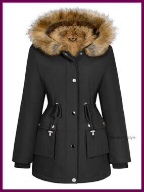 Women's Fleece Lined Parka Jacket Faux Fur Hood Winter Coat